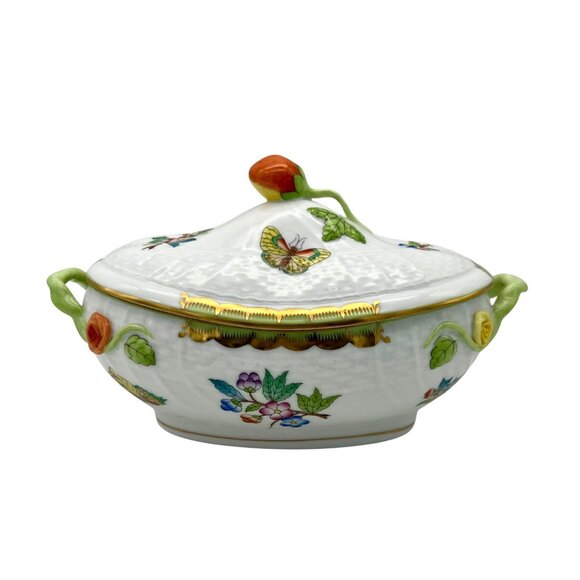 Herend Queen Victoria VBA Sugar Basin Candy Bon Bon Covered Dish Green Border - Picture 1 of 16